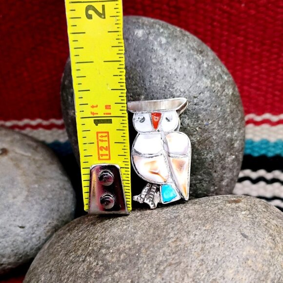 Vintage Native Zuni Inlay Gemstone Owl Brooch Pin Turquoise Coral Shell  - READ - Picture 2 of 4